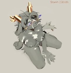 absurd_res anthro antlers big_breasts biped blue_eyes blush bodily_fluids bovid breasts caprine cum cum_covered cum_on_body cum_on_breasts cum_on_face cum_on_hand dark_nipples eyebrows eyelashes female fur genital_fluids goat grey_body grey_fur hair hands_on_ground heart_symbol hi_res high-angle_view horn jackalope kneeling lagomorph leporid long_ears looking_pleasured mammal messy monotone_body monotone_fur nude pseudoregalia rabbit solo sybil_(pseudoregalia) tail tears tears_of_pleasure thetesan thick_eyebrows