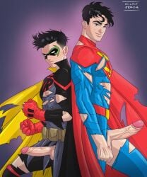 2boys balls big_penis black_hair cock damian_wayne dc dc_comics duo duo_focus gay gay_male human jon-el jonathan_kent male male/male male_focus male_only milky_peach nsfw penis robin_(damian_wayne) robin_(dc) superboy superboy_(jonathan_kent) supersons toned toned_male yaoi