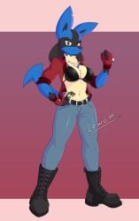 absurd_res anthro belt big_breasts boots bottomwear bra breasts canid canine chest_spike clothing denim denim_bottomwear denim_clothing female footwear generation_4_pokemon gloves hand_spike handwear hi_res jeans lewott lucario mammal nintendo pants pokemon pokemon_(species) shoes solo spikes spikes_(anatomy) underwear