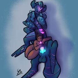 1:1 al-an alien animal_genitalia architect_(subnautica) ass breasts brown_hair cybernetics cyborg cyborg_taur dark_body dark_hair dark_skin digital_media_(artwork) duo female genitals glowing glowing_body glowing_genitalia glowing_markings glowing_penis hair hand_on_hip hand_on_penis hi_res human knot lying machine male male/female mammal markings nipples nude on_back oral oral_penetration penetration penis robin_ayou sex simple_background stoinkedazm8 subnautica subnautica_below_zero tail taur unknown_worlds_entertainment