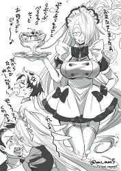 1boy 1girls alternate_costume big_breasts blush breasts bunny_ears fangs female female_focus fully_clothed garter_straps gegege_no_kitarou genderswap_(mtf) ghost_girl hair_over_one_eye half-closed_eyes kitarou_tanjou_gegege_no_nazo long_hair long_tongue looking_at_viewer maid maid_uniform male medama_oyaji_(human) mi_am5 milf mizuki_(gegege_no_kitarou) monochrome rule_63 smile stockings thighhighs tray twintails very_long_hair