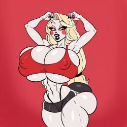 abs ai_generated ass_bigger_than_head ass_visible_from_the_front blonde_hair breasts cameltoe charlie_morningstar_(hazbin_hotel) civitai cleavage erect_nipples female hair_tie hands_behind_head hands_on_head hazbin_hotel huge_breasts long_hair ohhie sideboob sun1sol_(style) sweatdrop sweaty thong tits_bigger_than_head toned_female underboob vivziepop