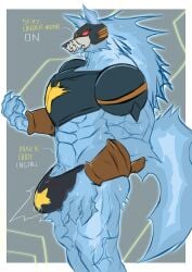abs absurd_res alien anthro armor blue_body bodily_fluids bulge canid canine canis capcom clothing cybernetics cyborg detailed_bulge electronics em_being english_text gemachine geryorias hi_res machine male mammal mega_man_(series) mega_man_star_force muscular muscular_anthro muscular_male red_eyes solo sweat text underwear wolf wolf_woods