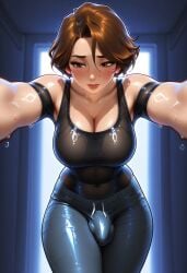 ai_generated aunt_cass big_hero_6 bulge close-up error0404 futanari oiled_body oiled_skin pov short_hair tomboy wet wet_skin
