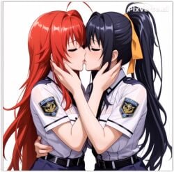 2girls ai_generated akeno_himejima female high_school_dxd kissing lesbian_couple lesbian_domination lesbian_focus lesbian_kiss policewoman rias_gremory yuri