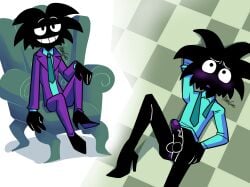 1boy 2025 3_fingers anus ass balls black_body blush bottomless bottomless_male cartoony cel_shading checkered_floor collared_shirt embarrassed floor frown frowning hand_behind_head hand_on_hip heels itamigao laying laying_down laying_on_back laying_on_floor leg_up male male_only mr._trance mr_trance multiple_images no_background no_nose no_pants non-human noseless penis pinup posing presenting_anus presenting_ass presenting_balls presenting_penis self_upload signature sitting sitting_on_sofa slim slim_male smiling sofa solo solo_focus solo_male spiky_hair suit suit_and_tie tie toony vein veiny_penis