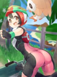 1girls ass bike_shorts black_hair blush bodysuit breasts brown_eyes female fingerless_gloves from_behind gloves helmet human human_only looking_at_viewer nakaakira nintendo open_mouth png pokemon pokemon_sm rowlet selene_(pokemon) shiny shiny_clothes shiny_hair short_hair sideboob skin_tight smile tree