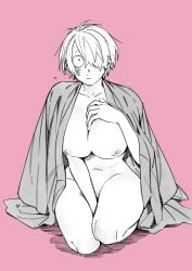 big_breasts blush breasts breasts_out female female_only full_body gegege_no_kitarou genderswap_(mtf) hair_over_one_eye kimono kitarou_tanjou_gegege_no_nazo looking_at_viewer medama_oyaji_(human) milf mostly_nude partially_clothed pink_background rule_63 short_hair sitting solo very_short_hair wide_eyed wide_hips