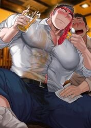 2boys abs absol_(dkqthf) bara beefy beer beer_glass belt big_breasts big_penis black_eyes black_hair blurry_background blush blushing_profusely breast_bigger_than_head breasts broad_shoulders bruise bruise_on_face bruised_breast bruised_neck bulge bulge_through_clothing cleaning daddy dilf drunk embarrassed erection erection_under_clothes frown fully_clothed gay genital_outline hi_res holding_object huge_breasts huge_cock hunk light_skin long_penis looking_down male male_breasts male_only manly maou_abusorun mature_male muscles muscular muscular_arms muscular_legs muscular_male muscular_thighs narrowed_eyes necktie necktie_on_head open_mouth oppai original original_character pecs restaurant salaryman sanpaku shaved_side short_hair sitting size_difference small_pupils socks spiky_hair spilled_drink spoon spread_legs suit suit_and_tie sweat sweatdrop thick_eyebrows thick_penis tight_clothing tough_guy veiny_arms wet_clothes white_shirt white_socks wide_eyed yaoi