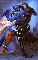 anthro avian beak claws clothing collar duo feathers harness latex latex_clothing latex_legwear leash leashed_collar legwear male male/male side_view simargl_(artist) sitting sitting_on_another tail tail_feathers wings