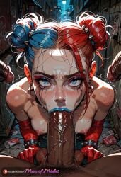 ai_generated alley alleyway blonde_hair blowbang blowjob blue_eyes blue_lipstick earrings fellatio futanari small_breasts tears white_face