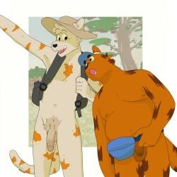 1:1 ass backpack baseball_cap black_nose bottle clothing container domestic_cat eyebrows fanny_pack felid feline felis freckles fur furgonomic_headwear furgonomics fuzzy fuzzy_tail genitals gesture hand_gesture hat headgear headwear hi_res long_tail mammal nude orange_body orange_fur osmond_(p_rindustries) outside p_rindustries penis pointing public public_nudity raised_eyebrows signature slightly_chubby slim smile sun_hat tail water_bottle whisker_spots white_body white_fur wilt_(p_rindustries)