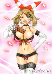 1girls ;d ass_visible_through_thighs bare_shoulders blue_eyes bow bow_bra bow_panties box bra breasts brown_hair cleavage collarbone ear_studs earrings elbow_gloves erect_nipples female female_only gift gift_box gloves hair_ribbon hairband hand_on_hip holding holding_gift huge_breasts human human_only jewelry large_breasts lingerie looking_at_viewer marker_(medium) may_(pokemon) may_(pokemon_oras) midriff navel nintendo one_eye_closed open_mouth panties petals pink_background pink_bow pink_bra pink_panties pokemon pokemon_oras red_ribbon ribbon round_teeth short_hair short_twintails simple_background sketch smile solo stomach stud_earrings takecha teeth text thigh_gap thigh_strap thighhighs tied_hair traditional_media twintails underwear valentine's_day watermark white_gloves white_legwear