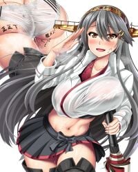 arrow_(symbol) ass black_hair blush body_writing bouncing_breasts breasts checkered_flag female flag hairband haruna_(kancolle) haruna_(race_queen)_(kancolle) kantai_collection lace large_breasts looking_at_viewer militia_minpei miniskirt navel netorare open_mouth panties race_queen salute see-through_clothes skirt smile solo sweat tally umbrella underwear white_panties yellow_eyes