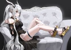 a_tea arknights arms_behind_back bare_shoulders black_dress bondage bound breasts brown_eyes couch crotch_rope dress female flip-flops grey_hair hair_over_one_eye highres horns large_breasts long_hair looking_at_viewer on_couch one_eye_covered pointy_ears ponytail sandals shibari_over_clothes shining_(arknights) shining_(silent_night)_(arknights) sidelocks sitting skindentation thigh_strap very_long_hair
