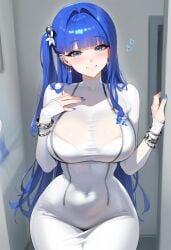 1girls ai_generated arcana_(nikke) blue_hair bracelet chocopizza female goddess_of_victory:_nikke nail_polish white_dress