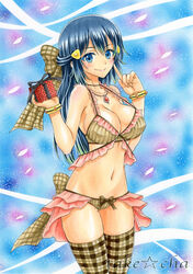 1girls bare_shoulders blue_eyes blue_hair blush bow bow_panties bra bracelet breasts cleavage collarbone dawn_(pokemon) female gift hair_ornament hairbow human jewelry large_breasts lingerie long_hair looking_at_viewer navel necklace nintendo panties plaid plaid_legwear pokemon pokemon_dppt sketch smile solo standing strap_gap striped striped_bra striped_panties takecha text thighhighs underwear watermark