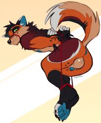 abstract_background animal_genitalia ankles_tied anthro bondage bound canid canine canine_genitalia claws fluffy fluffy_tail fox genitals hands_behind_back hands_tied hi_res ksejl looking_at_viewer male mammal nude pawpads penis penis_tip raised_tail restraints rope rope_bondage sheath smile solo tail