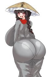 1girls 2025 ass ass_focus back big_ass big_breasts black_hair breasts_bigger_than_head clothed clothing curvy female godkami17 hat huge_ass huge_breasts looking_back narumi_yatadera red_eyes solo tight_clothing touhou twin_braids yatadera_narumi