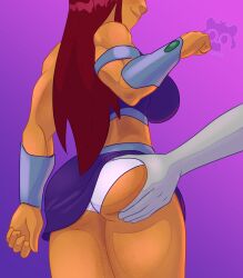 anon ass ass_focus ass_grab big_ass big_breasts dc dc_comics evil_raccoon grabbing grabbing_ass miniskirt muscles muscular muscular_female orange_body orange_skin red_hair red_hair starfire teen_titans underwear