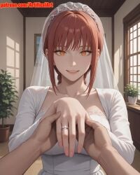 1girls ai_generated artifical_art braid braided_ponytail bride chainsaw_man light-skinned_female long_hair makima_(chainsaw_man) medium_breasts perfect_body red_hair ringed_eyes small_waist yellow_eyes