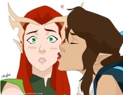 blush brown_hair critical_role critical_role:_vox_machina dungeons_and_dragons female female_only green_eyes half-elf keyleth kissing red_hair vex'ahlia vox_machina white_background yuri