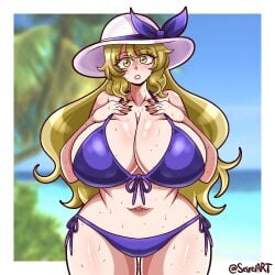 1girls 2024 bare_shoulders beach_background big_breasts bikini blonde_hair breasts female female_only hand_on_breast hat large_breasts long_hair seireiart solo thick_thighs thighs touhou watatsuki_no_toyohime wide_hips yellow_eyes