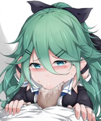 013_(hamsasuke) 1boy admiral_(kantai_collection) black_ribbon blue_eyes blush censored commentary commentary_request cum fellatio female green_hair hair_ornament hair_ribbon hairclip hands_on_another's_hips highres kantai_collection long_hair oral penis ribbon sweat yamakaze_(kantai_collection)