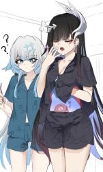 2girls ? ?? absurdres after_sex black_hair black_shirt black_shorts blue_eyes blue_hair blue_shirt blue_shorts breasts cerydra_(honkai:_star_rail) cleavage colored_inner_hair commentary_request cum english_commentary hair_ornament highres holding holding_toothbrush honkai:_star_rail honkai_(series) hysilens_(honkai:_star_rail) indoors internal_cumshot large_breasts mixed-language_commentary multicolored_hair multiple_girls patpang pussy_juice shirt shorts sleepwear small_breasts thighs toothbrush two-tone_hair uterus wet wet_shorts yawning