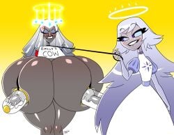 2girls aeolus06 angel angry big_breasts big_nipples breasts dominant dominant_female embarrassed emily_(hazbin_hotel) female hazbin_hotel leash milf milk milking milking_breasts naughty_face naughty_smile nipples sera_(hazbin_hotel)