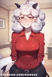 ai_generated big_breasts black_pants blush demon_girl demon_horns demon_tail glasses helltaker horn pandemonica_(helltaker) red_eyes red_shirt sad wanuze white_hair wide_hips