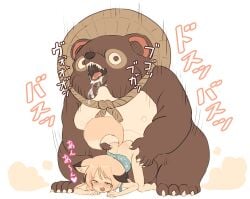 1boy animal_ears batta_(kanzume_quality) blonde_hair blush commentary_request doggy_style female fox_ears fox_girl fox_tail full_body hat huge_testicles open_mouth orange_eyes original sex tail tanuki testicles top-down_bottom-up zoophilia