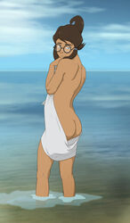 1girls anaxus ass avatar_legends avatar_the_last_airbender beach dark-skinned_female dark_skin female glasses korra's_fan looking_at_viewer looking_back nickelodeon outdoors solo tagme the_legend_of_korra thighs towel water