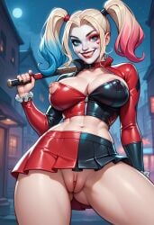 ai_generated cartoon cartoon_character dc dc_comics female harley_quinn puffy_pussy robotkesh shaved_pussy short_skirt showing_breasts showing_pussy solo superheroine teasing upskirt