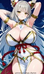 1girl 1girls absurdly_long_hair aegis_elysium ai_art ai_generated alternate_breast_size animal_ears armpits arms_behind_head arms_up bed blush blushing_at_viewer breasts cat_ears cleavage cleavage_cutout clothing_cutout earrings elbow_gloves female female_focus gem giant gloves grey_hair hair_ornament headpiece highres huge_breasts jewelry large_breasts long_hair long_sleeves looking_at_viewer mountain mountains navel nia nia_(blade) nia_(blade)_(xenoblade) nia_(xenoblade) nintendo patreon patreon_username ribbon silver_hairband sitting skindentation smile solo solo_focus thick_breasts thick_thighs thighhighs thighs tiara very_long_hair water watermark xenoblade_(series) xenoblade_chronicles_(series) xenoblade_chronicles_2 yellow_eyes