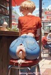 ai_generated ass ass_focus big_ass blonde_hair cafe cum cum_in_ass cum_inside cum_pool femboy jean_shorts male outdoors redcherryart sitting t-shirt tomboy torn_clothes