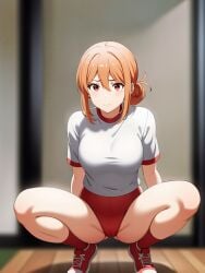 1girls ai_generated aichan blonde_hair bloomers gym_uniform my_teen_romantic_comedy_snafu red_bloomers squatting yuigahama_yui's_mother