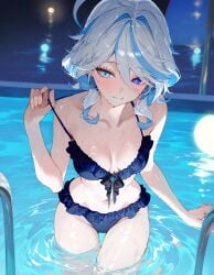 1girls ai_generated bikini blue_eyes blush breasts cute female frilled_bikini furina_(genshin_impact) genshin_impact heterochromia pool slim_waist small_breasts solo strap_pull swimming_pool wet wet_body