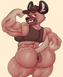 2024 aggretsuko anthro anus arm_markings ass back_muscles baseball_cap big_butt black_clothing black_headwear black_nose black_topwear blush bottomless brown_body brown_fur butt_markings cheek_tuft clothed clothing crop_top english_description eyebrows facial_markings facial_tuft fist flexing flexing_bicep fur furryonline1 green_eyes haida_(aggretsuko) hat head_markings headgear headwear humanoid_hands hyena looking_back male male_only mammal markings muscular muscular_anthro muscular_arms muscular_male muscular_thighs pecs raised_tail rear_view sanrio sharp_teeth shirt simple_background smile solo spots spotted_hyena spotted_markings standing tail teeth thick_thighs tight_clothing topwear tuft