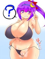 ? bikini black_bikini black_swimsuit blush breasts cleavage curvy female gradient_background grin hair_ornament hair_ribbon hairband huge_breasts long_hair looking_at_viewer micro_bikini navel no-biru patchouli_knowledge ponytail pubic_hair purple_eyes purple_hair pussy pussy_peek ribbon side-tie_bikini simple_background smile solo standing steam string_bikini sweat swimsuit thigh_gap tied_hair touhou v wardrobe_malfunction wide_hips