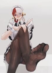 1girls @_@ artist_name blush clothed clothing crossed_legs cuffs_(clothing) eyes_visible_through_hair feet feet_focus female female_focus female_only grey_background hair_over_one_eye hand_on_knee headband maid maid_headdress maid_uniform multicolored_hair one_piece one_piece_film_red panties pantyhose purple_eyes red_hair sc_scandium see-through see-through_clothing simple_background sitting solo swirly_eyes tears two_tone_hair uta_(one_piece) wavy_mouth white_hair