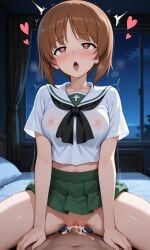 1boy 1girls ahe_gao ai_generated bed bedroom blush brown_hair cowgirl_position crop_top cum cum_in_pussy cum_inside dark-skinned_male floating_heart girls_und_panzer green_skirt heart-shaped_pupils medium_breasts midriff missionary_position motion_lines night nishizumi_miho ooarai_school_uniform pixai riding riding_penis school_uniform self_upload serafuku sex skirt tagme thick_thighs tongue tongue_out vaginal_penetration vaginal_penetration vaginal_sex