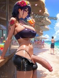 1futa absurd_res ai_generated akira_(amiiari) amiiari beach beach_bar big_breasts big_penis crowd detailed dickgirl drinking erect erection exhibitionism from_side futa_only futanari highres huge_ass huge_breasts leaking leaking_precum long_penis massive_penis mole mole_under_eye ocean outside penis penis_out penis_to_the_knees public public_nudity purple_hair short_hair shorts side_eye spaghetti_strap tan tan_body tan_skin tattoo tattooed_arm text thick_thighs thong tubetop