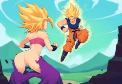 1boy 1boy1girl ai_generated alien alien_girl alien_only anus ass ass_focus baggy_pants battle big_ass blonde_hair bubble_butt caulifla dat_ass dragon_ball dragon_ball_super female mullon novelai pussy saiyan saiyan_girl son_goku super_saiyan torn_clothes tournament_of_power universe_6/universe_7