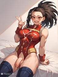 ai_generated bed bodysuit cum cum_on_body cum_on_face flaccid flaccid_penis futanari happy hero_outfit_(mha) momo_yaoyorozu my_hero_academia partially_clothed partially_nude penis smile solo white_background