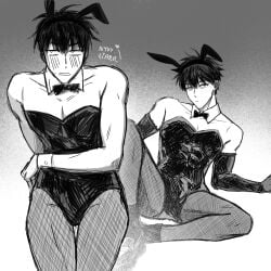 alternate_costume blush bowtie bunny_boy bunny_ears bunnysuit crossdressing elbow_gloves embarrassed fishnet_legwear fishnets gintama gloves hijikata_toshiro looking_away male male_only male_playboy_bunny manly_crossdresser monochrome nyuustarr solo spread_legs thigh_gap wide_hips