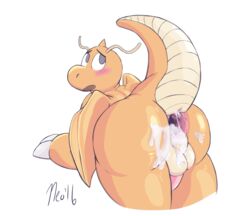 1boy anus ass ass_up blush chubby cum cum_in_ass cum_inside dragon dragonite gaping gaping_anus large_ass looking_back male male_focus male_only male_penetrated neokandra nintendo open_mouth penis pokemon pokemon_(species) rear_view scalie simple_background slightly_chubby solo testicles text thick_thighs video_games wide_hips