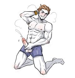 balls bara blush boner erection male male_only masturbation muscles muscular nekonneru_(artist) nintendo npc_trainer penis pokemon solo solo_male sweat sweating swimmer_(pokemon) swimmer_(pokemon_sm)