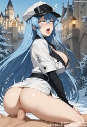 1boy 1girls ahe_gao ai_generated akame_ga_kill! anus ass bangs belt blue_eyes blue_hair blue_sky blush bottomless breasts cleavage clothed_female clothed_female_nude_male clothed_sex clothing cloud cowgirl_position day dress esdeath esdeath_(akame_ga_kill!) female from_behind hair_between_eyes hat headwear jacket jousneystudio large_breasts light-skinned_female light_skin long_hair long_sleeves looking_at_viewer looking_back male military military_hat military_uniform nopan nude on_top open_mouth outdoors peaked_cap penis pov reverse_cowgirl_position saliva sex shiny shiny_skin shirt sidelocks skirt sky solo_focus spread_legs straddling straight sweat taken_from_behind teeth testicles thighs tongue tongue_out uncensored uniform vagina vaginal_penetration very_long_hair white_headwear white_jacket