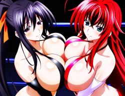 2girls ahoge ai_generated akeno_himejima big_breasts black_hair blush breasts_to_breasts couple crimson_hair curvy female_only fighting_ring hair_ribbon high_school_dxd lesbian light_skin orange_ribbon ponytail rias_gremory sky_blue_eyes very_long_hair violet_hair voluptuous yuri